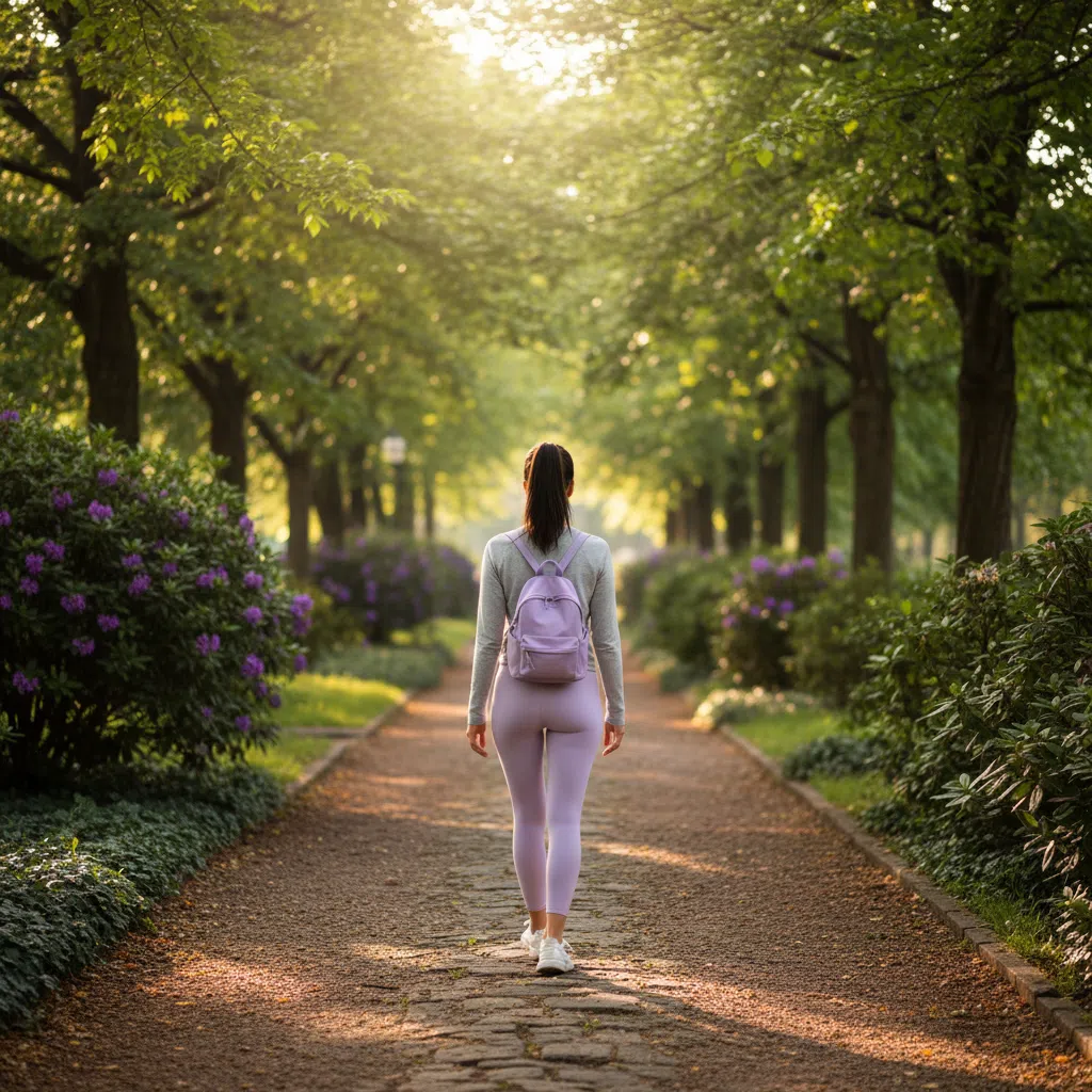 Persoon wandelt van achteren gezien op een pad in een groen park met gouden ochtendlicht